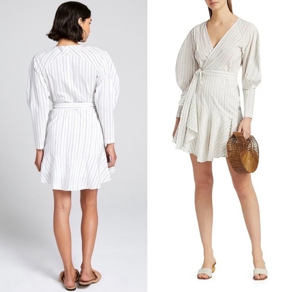 NWT ALC Striped Cotton Silk Blend Puff Long Sleeve Ruffle Hem Wrap Waist Dress 6 - Picture 8 of 12